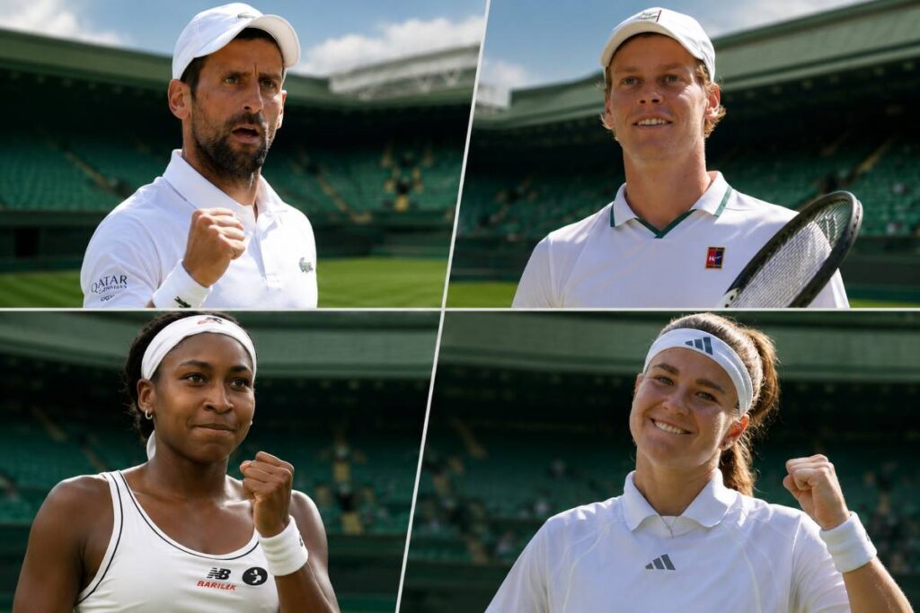 Wimbledon 2026 semifinalists graphic featuring key players Novak Djokovic, Jannik Sinner, Coco Gauff and Karolína Muchová.