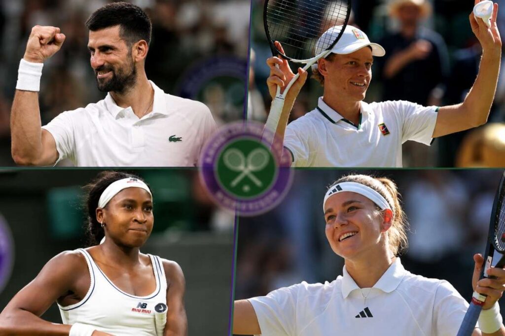 Novak Djokovic, Jannik Sinner, Coco Gauff, and Karolína Muchová celebrate after reaching the Wimbledon 2026 singles semifinals in a four-panel collage with the Wimbledon Centre Court backdrop.