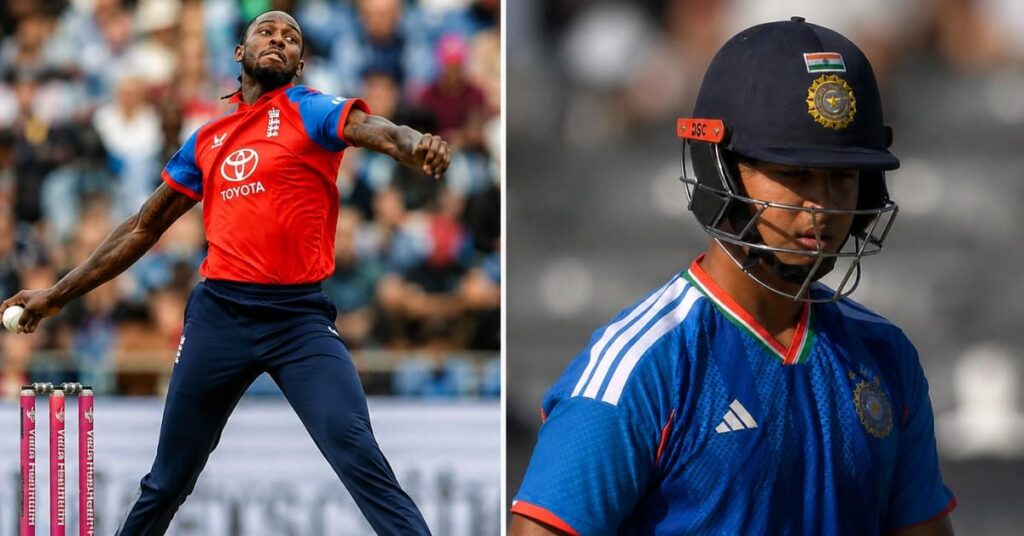 Split image showing Jofra Archer bowling for England alongside a disappointed Vaibhav Sooryavanshi after his dismissal during the India vs England fourth T20I.
