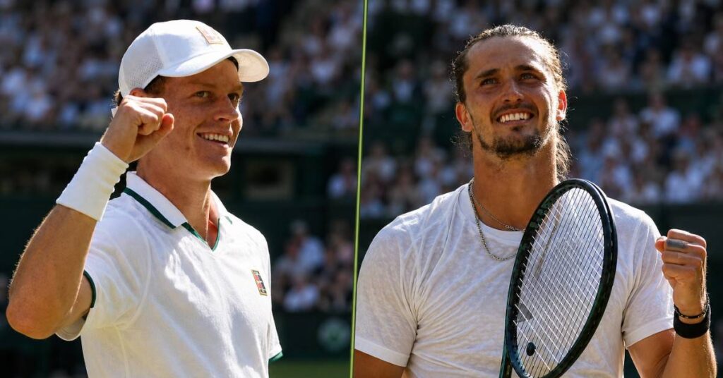 Jannik Sinner and Alexander Zverev after winning their Wimbledon 2026 men's singles semifinal matches at the All England Club.