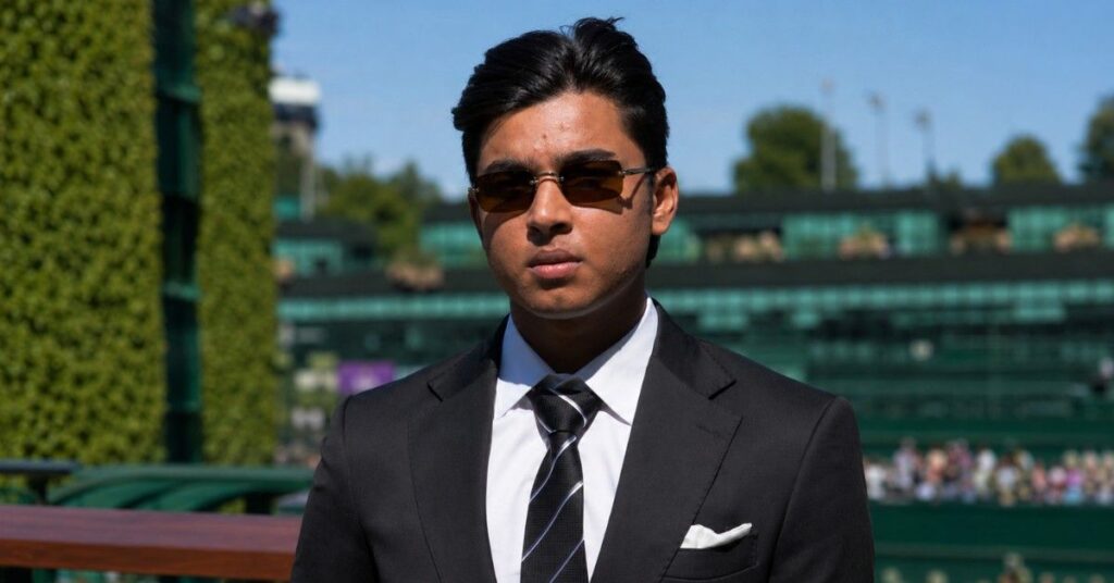 Vaibhav Sooryavanshi poses at Wimbledon 2026 during his visit to the Men's Singles Final in London.