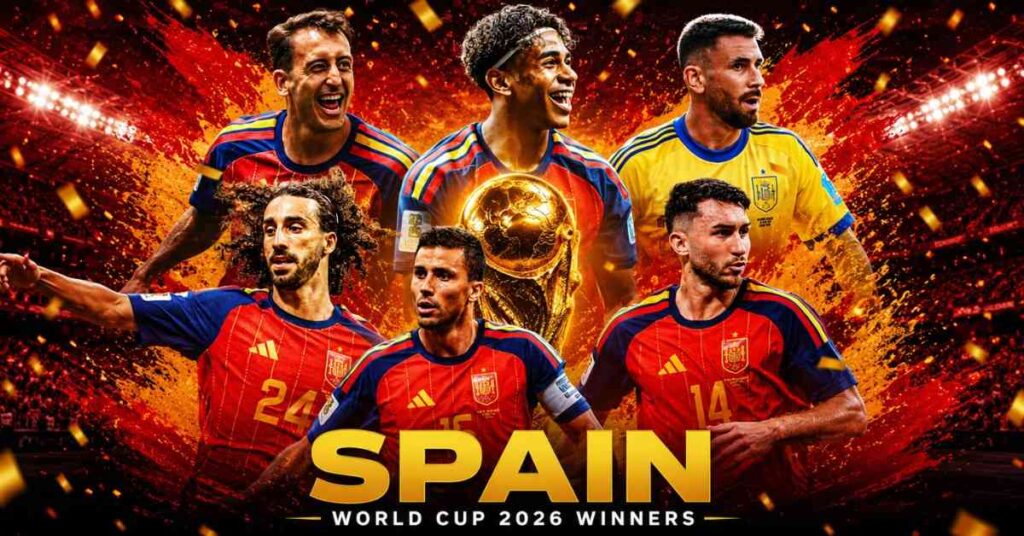 Spain's FIFA World Cup 2026 winners poster featuring the World Cup trophy surrounded by six celebrating Spain players inside a floodlit stadium with red and gold confetti.
