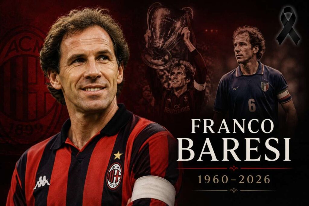 Franco Baresi tribute image featuring the legendary AC Milan and Italy defender after his death at the age of 66.