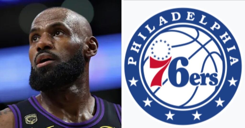 A split-screen graphic showing basketball player LeBron James on the left and the Philadelphia 76ers team logo on the right.