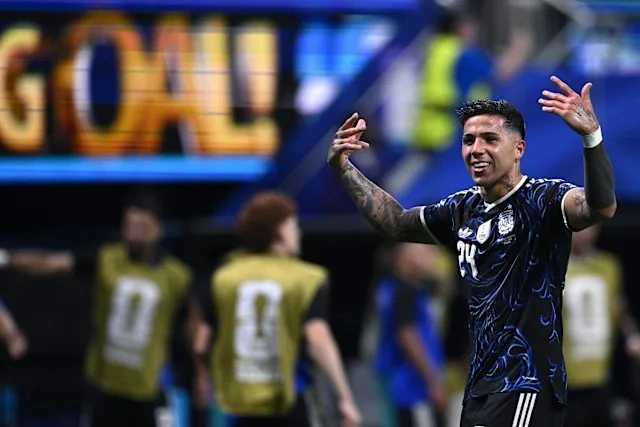 Enzo Fernández celebrates his goal in the England vs Argentina FIFA World Cup 2026 Semifinal Enzo Fernández celebrates his goal in the England vs Argentina FIFA World Cup 2026 Semifinal