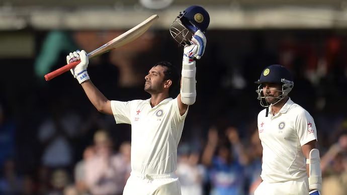 Ajinkya Rahane after scoring a century in a Test match against England in 2014 Rahane after scoring a century in a Test match against England in 2014