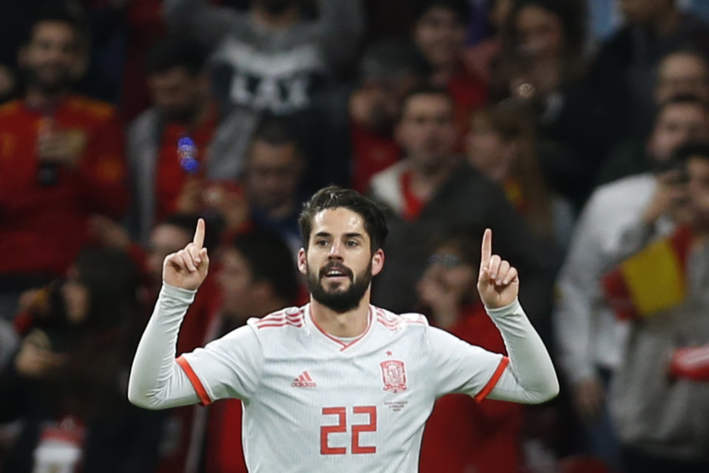 Isco Alarcon celebrates a goal in an international friendly soccer match between Spain and Argentina in Madrid, 2018 Isco Alarcon celebrates a goal in an international friendly soccer match between Spain and Argentina in Madrid, 2018