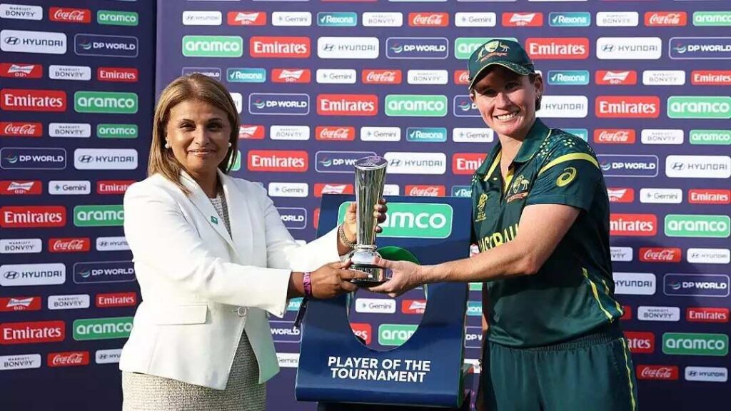 Beth Mooney receiving 2026 WC Player of the Tournament trophy Beth Mooney receiving 2026 WC Player of the Tournament trophy
