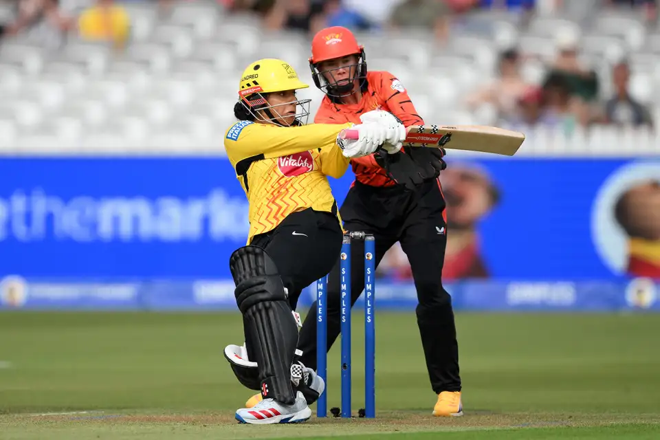 Sophia Dunkley hitting one behind square in the Women’s Hundred Final 2026 Sophia Dunkley hitting one behind square in the Women’s Hundred Final 2026