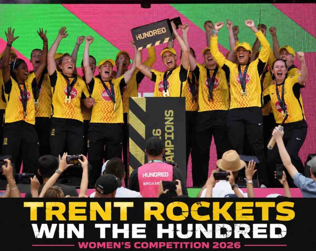 Trent Rockets women celebrate with the trophy after winning the 2026 Women’s Hundred title.