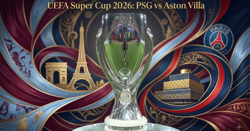 An illustrative graphic of 2026 UEFA Super Cup Trophy, with the team names written above.