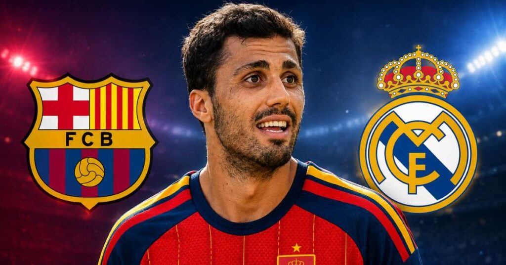 Rodri pictured between the Barcelona and Real Madrid crests as both Spanish clubs compete to sign the Manchester City midfielder.