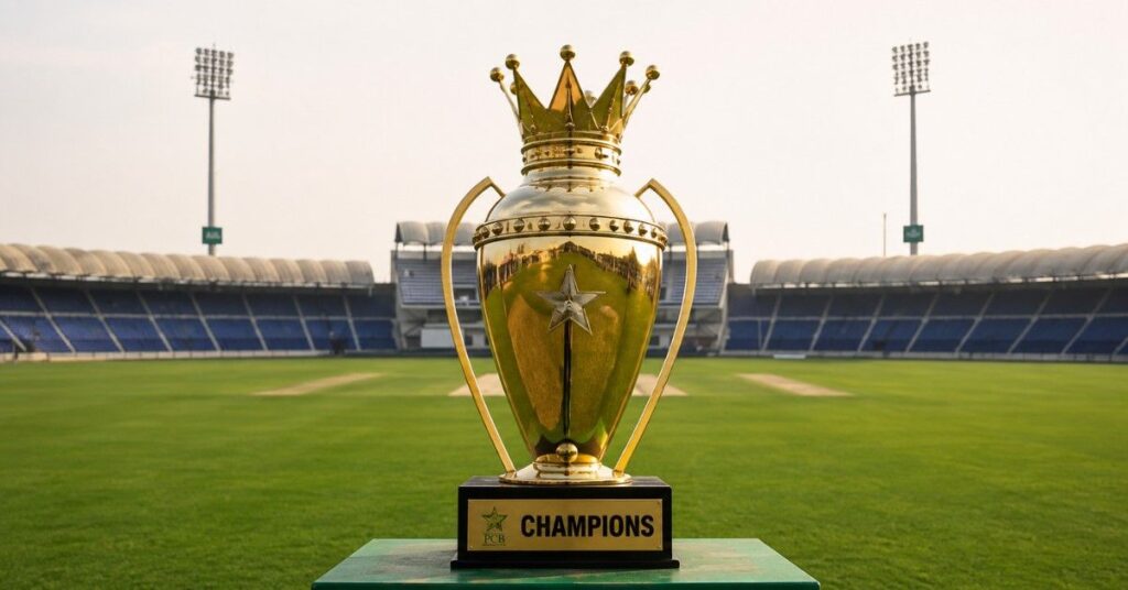 National Champions Cup 2026 trophy with Multan Cricket Stadium in the background.