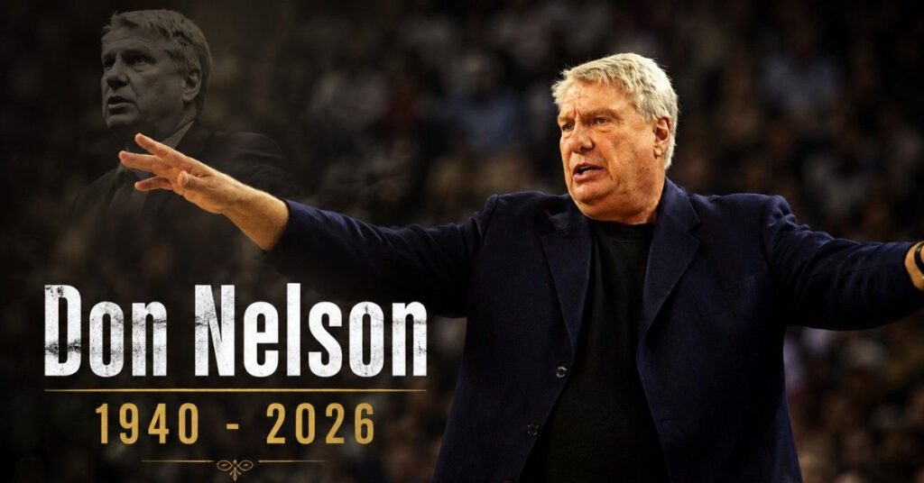 Don Nelson coaching from the sidelines during an NBA game, with a memorial-style background and the text Don Nelson 1940–2026.