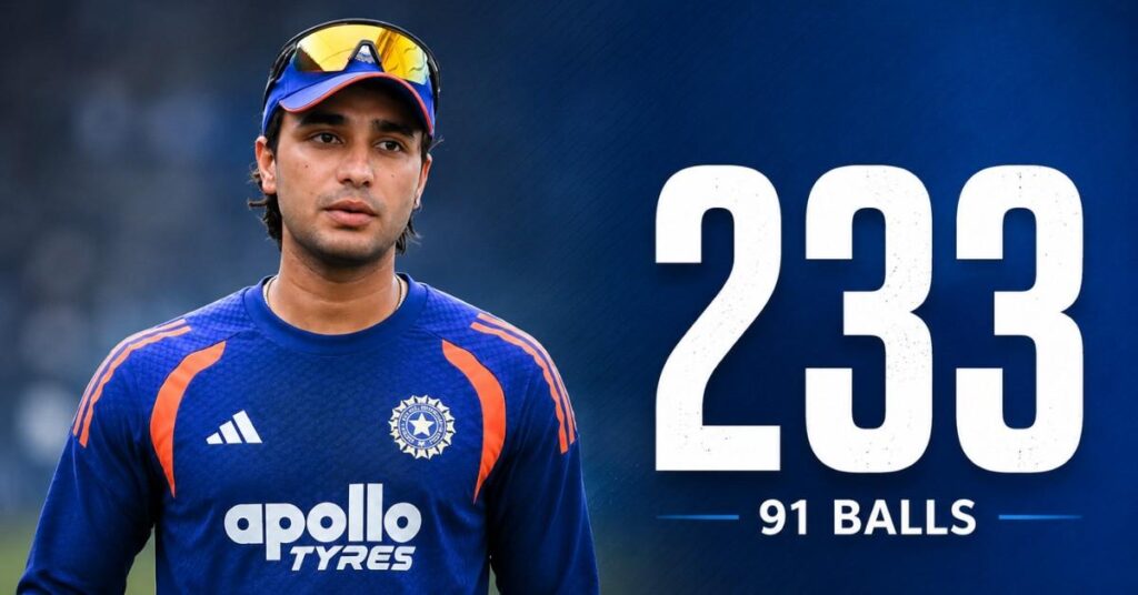 Graphic of Abhishek Sharma highlighting his 233-run innings off 91 balls in the Punjab Inter-District tournament.
