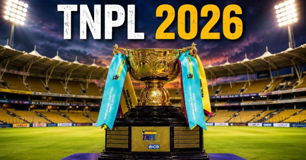 TNPL 2026 featured image showing the official tournament trophy inside a cricket stadium.