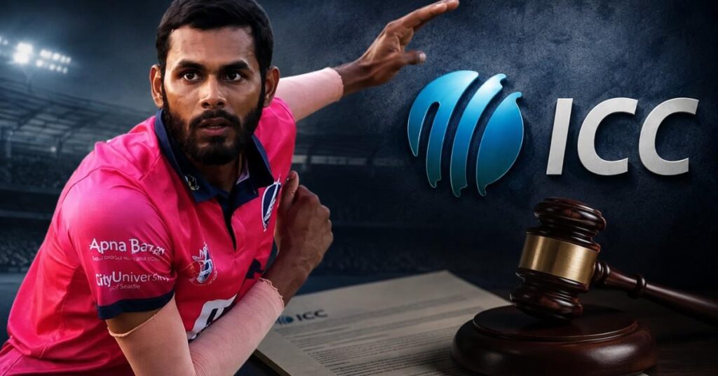 Illustration of USA cricketer Bodugum Akhilesh Reddy alongside the ICC logo and a judge's gavel, representing his eight-year ban following an Anti-Corruption Tribunal ruling.