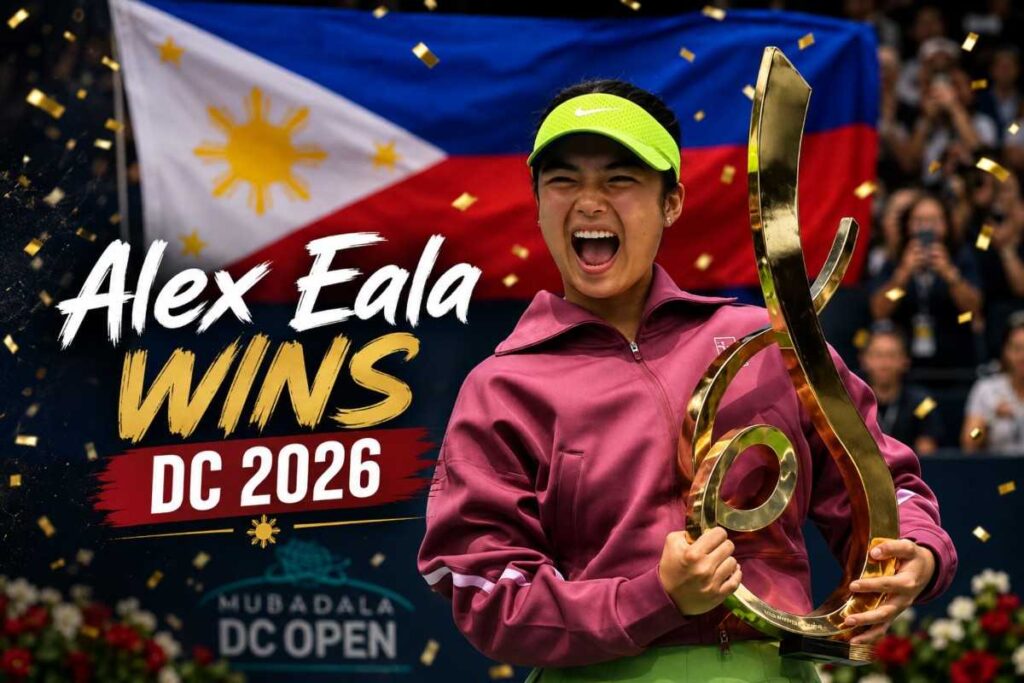 Alex Eala celebrates after winning the 2026 DC Open, holding the championship trophy with the Philippine flag waving behind her.