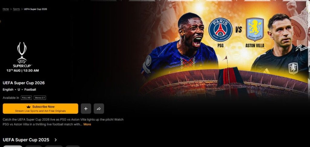 Sony Liv Page for UEFA Super Cup 2026 Sony Liv Page for UEFA Super Cup 2026