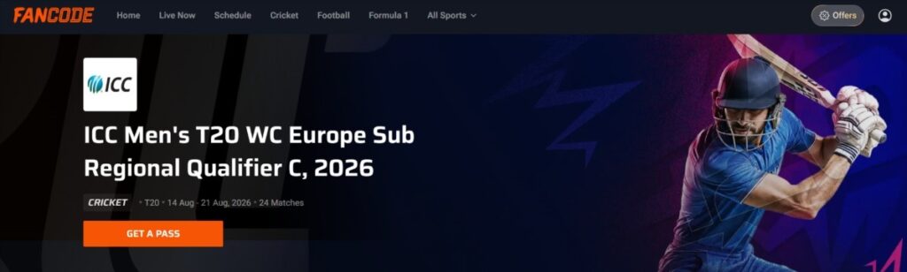 Fancode page for the ICC Men’s T20 World Cup Sub Regional Europe Qualifier C Fancode page for the ICC Men’s T20 World Cup Sub Regional Europe Qualifier C
