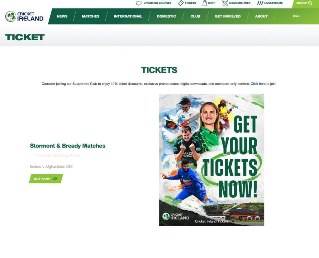 Cricket Ireland ticketing platform page Cricket Ireland ticketing platform page