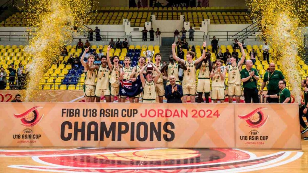 Australia U18 team celebrating after winning their second U18 Asia Cup title in 2024 Australia U18 team celebrating after winning their second U18 Asia Cup title in 2024