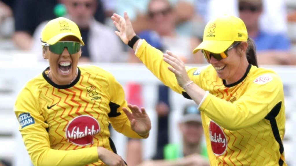 Georgia Adams (left) celebrates a wicket during the Women’s Hundred Final Georgia Adams (left) celebrates a wicket during the Women’s Hundred Final