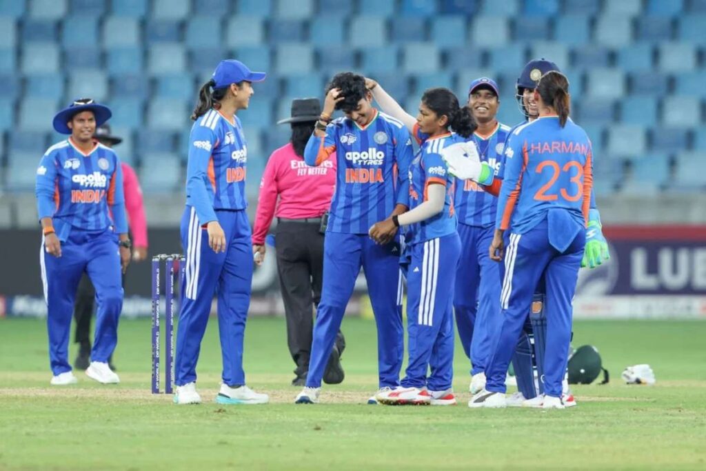 Sree Charani and India women teammates celebrate after taking a wicket in the Asia Cup Women 2026 Semifinal Sree Charani and India women teammates celebrate after taking a wicket in the Asia Cup Women 2026 Semifinal