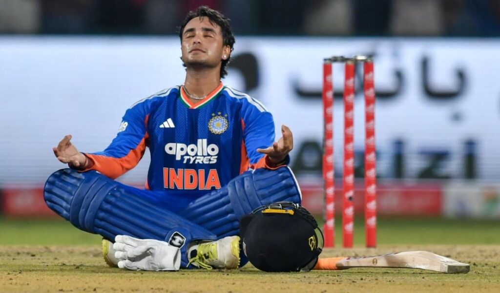 Abhishek Sharma sitting in a calm pose after scoring the fastest century in the 3rd T20I against Afghanistan. Abhishek Sharma sitting in a calm pose after scoring the fastest century in the 3rd T20I against Afghanistan.