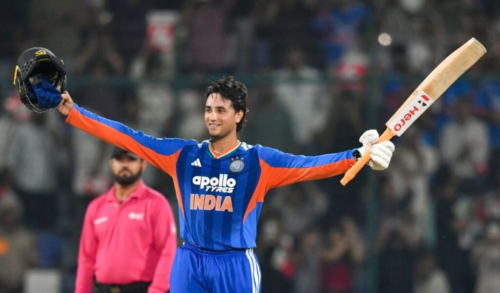 Abhishek Sharma celebrating his record in the 3rd T20I against Afghanistan Abhishek Sharma celebrating his record in the 3rd T20I against Afghanistan