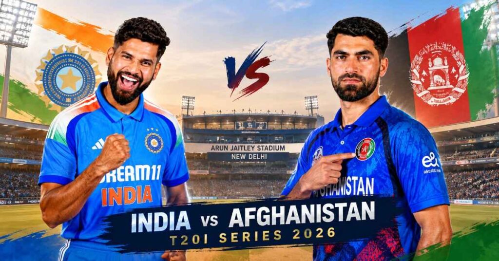 India vs Afghanistan T20I Series 2026 featured image showing Shreyas Iyer and Ibrahim Zadran in their team jerseys at Arun Jaitley Stadium, New Delhi.