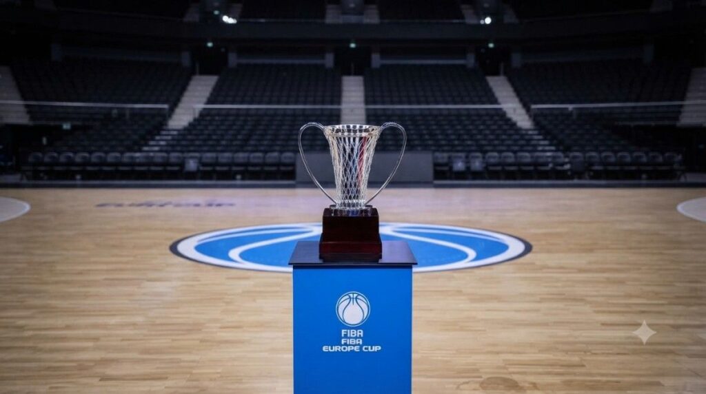 Official FIBA Europe Cup trophy displayed on a blue pedestal at center court inside a basketball arena.