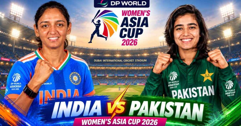 Graphic illustration of IND-W vs PAK-W Asia Cup 2026 clash with team captains and Dubai International Cricket Stadium in the background.