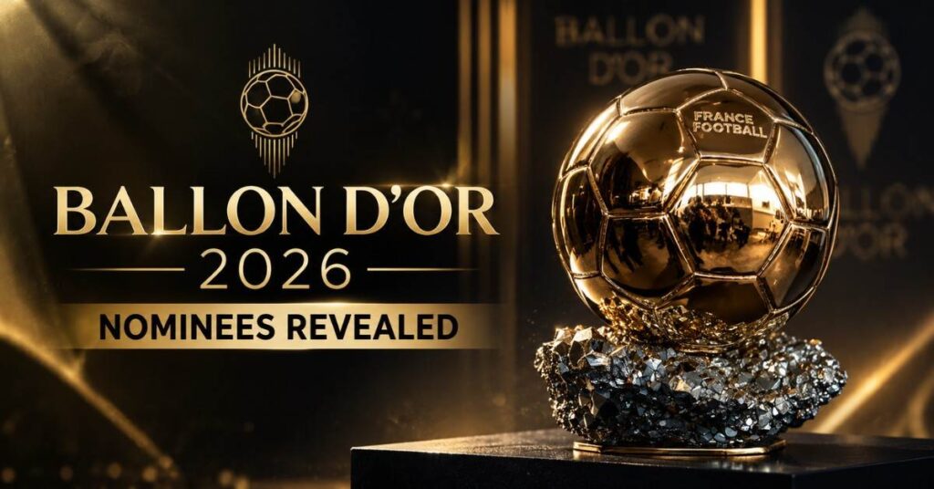 Ballon d’Or 2026 trophy with “Nominees Revealed” text on a dark gold-themed background.