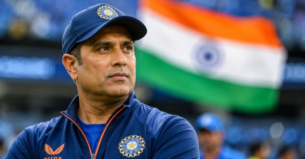 VVS Laxman wearing India cricket training attire at a stadium.