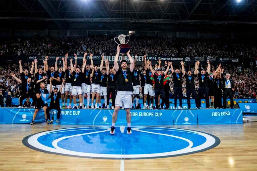 Championship trophy celebration for Surne Bilbao Basket after winning the FIBA Europe Cup. Championship trophy celebration for Surne Bilbao Basket after winning the FIBA Europe Cup.