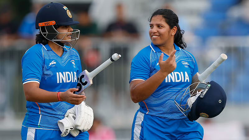 Shafali Verma and Richa Ghosh after winning the Asian Games 2026 QF against Japan Women Shafali Verma and Richa Ghosh after winning the Asian Games 2026 QF against Japan Women