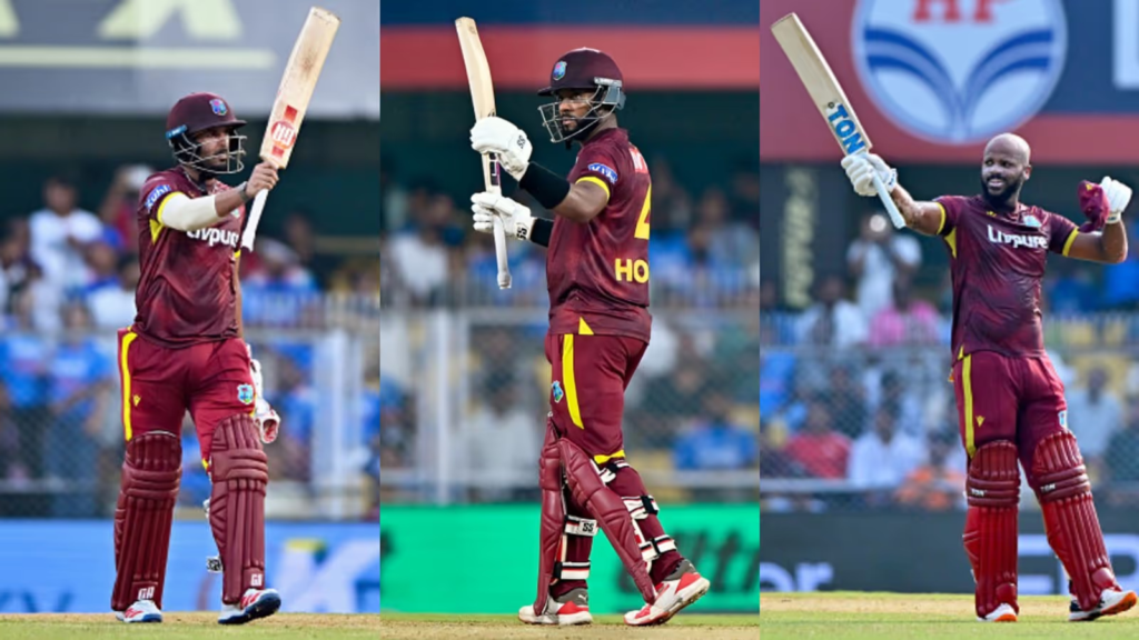 John Campbell, Shai Hope, and Amir Jangoo after scoring centuries in the India vs West Indies 2nd ODI John Campbell, Shai Hope, and Amir Jangoo after scoring centuries in the India vs West Indies 2nd ODI