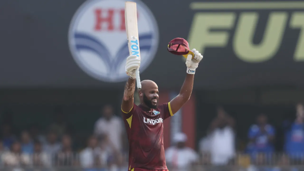 John Campbell celebrating his century in India vs West Indies 2nd ODI John Campbell celebrating his century in India vs West Indies 2nd ODI