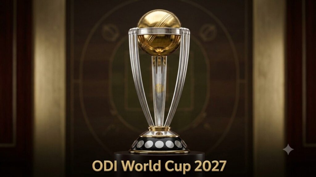 A graphic illustration of the central ICC Men's Cricket World Cup 2027 trophy on a pedestal, with the gold text "ODI World Cup 2027" in front and a background of indistinct cricket symbols and dark wood panels.