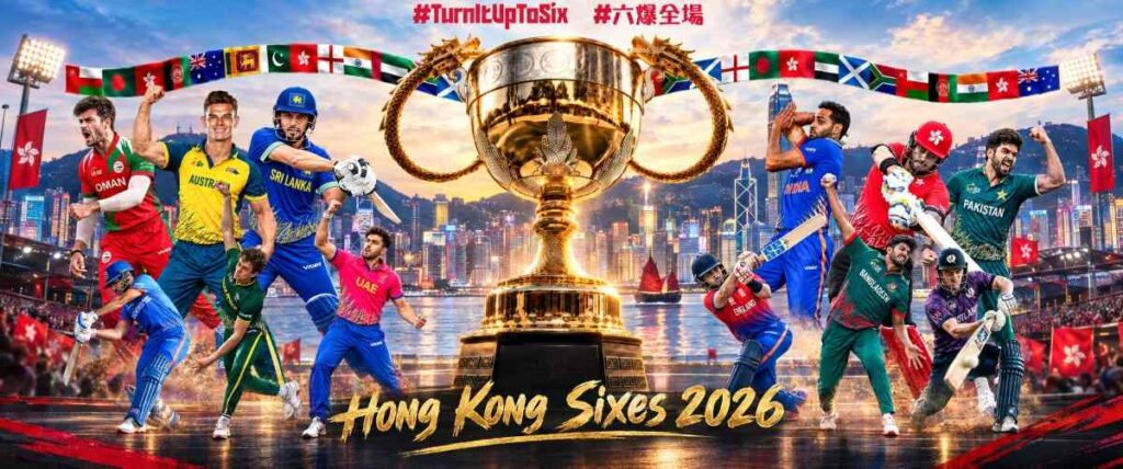 Hong Kong Sixes 2026 tournament graphic featuring the trophy and 12 team captains; image reference taken from the official Hong Kong Sixes website.