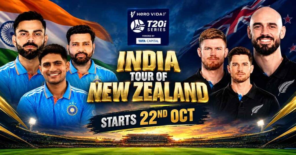 Promotional poster for the Hero Vida T20i Series: India Tour of New Zealand starting October 22nd, featuring Indian and New Zealand cricket players over a stadium backdrop.