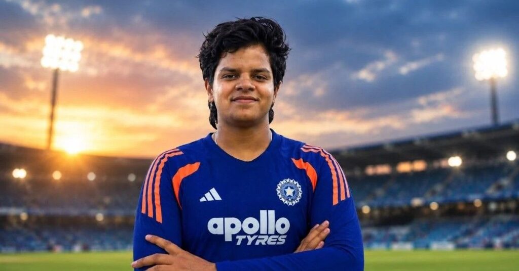 Shafali Verma posing with arms crossed in an Indian cricket jersey