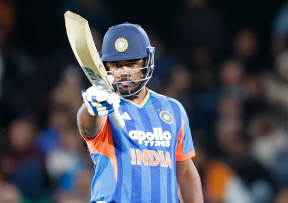 Sanju Samson celebrating his Fifty in the New Zealand vs India 1st T20I 2026.
