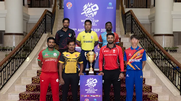 T20 World Cup Sub-Regional Asia Qualifier A 2026 Teams Captains with trophy, T20 World Cup Sub-Regional Asia Qualifier A 2026 Teams Captains with trophy