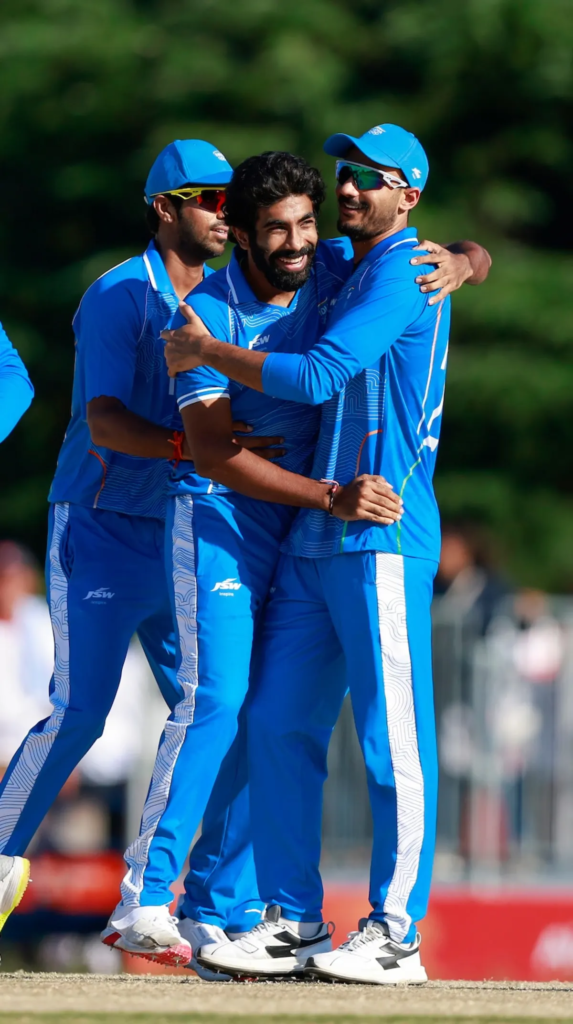 Jasprit Bumrah after taking wickets in the Asian Games 2026 Semi-Final against Sri Lanka Jasprit Bumrah after taking wickets in the Asian Games 2026 Semi-Final against Sri Lanka